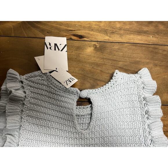 Zara Blue Knit Ruffle Sleeve Crochet Top Medium NWT - Picture 10 of 11